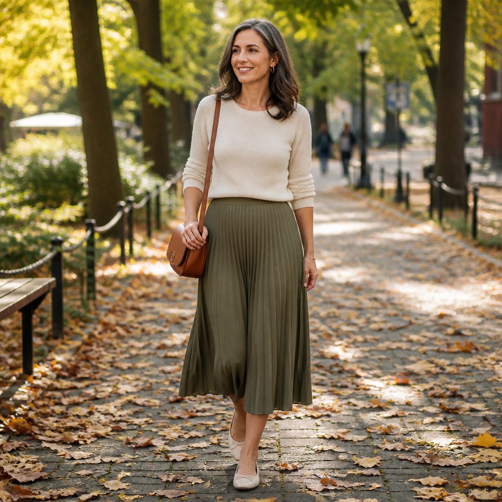 Modest everyday outfit: navy midi shirt dress with a soft camel belt and low white sneakers