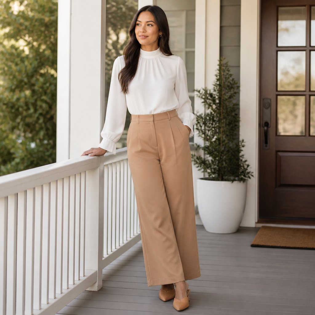 Modest everyday outfit: soft cream knit top tucked into a pleated dusty-rose midi skirt with nude ballet flats