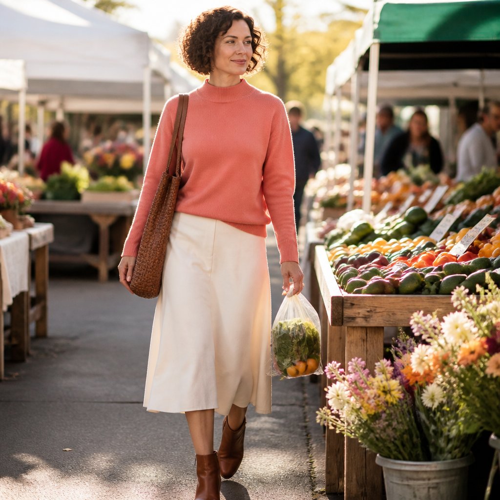 Modest everyday outfit: navy sleeveless jumpsuit over a soft white long-sleeve tee with tan slip-on sneakers