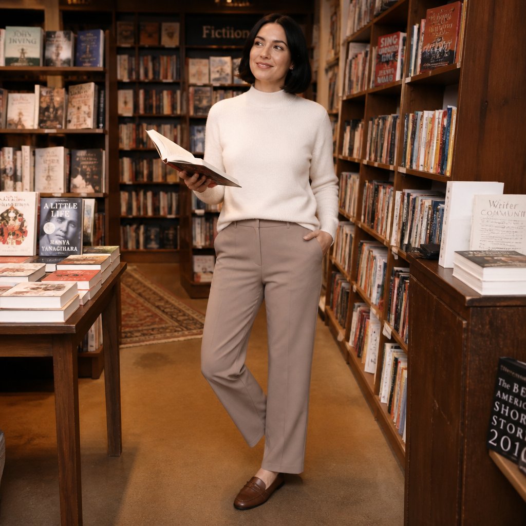 Modest everyday outfit: cream high-neck blouse with high-waisted straight-leg jeans and low brown block-heel boots