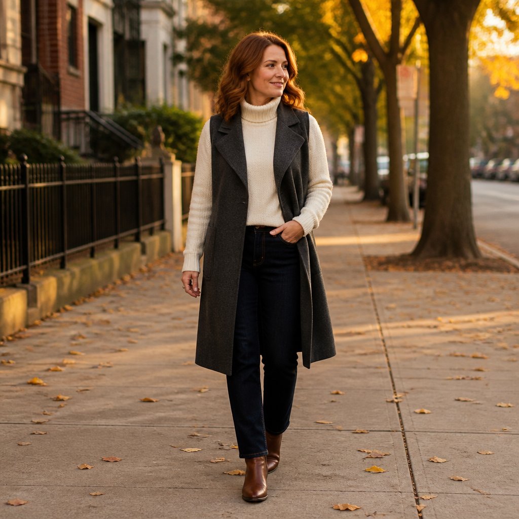 Modest everyday outfit: dusty-olive wrap top with cropped cream trousers and tan flat loafers