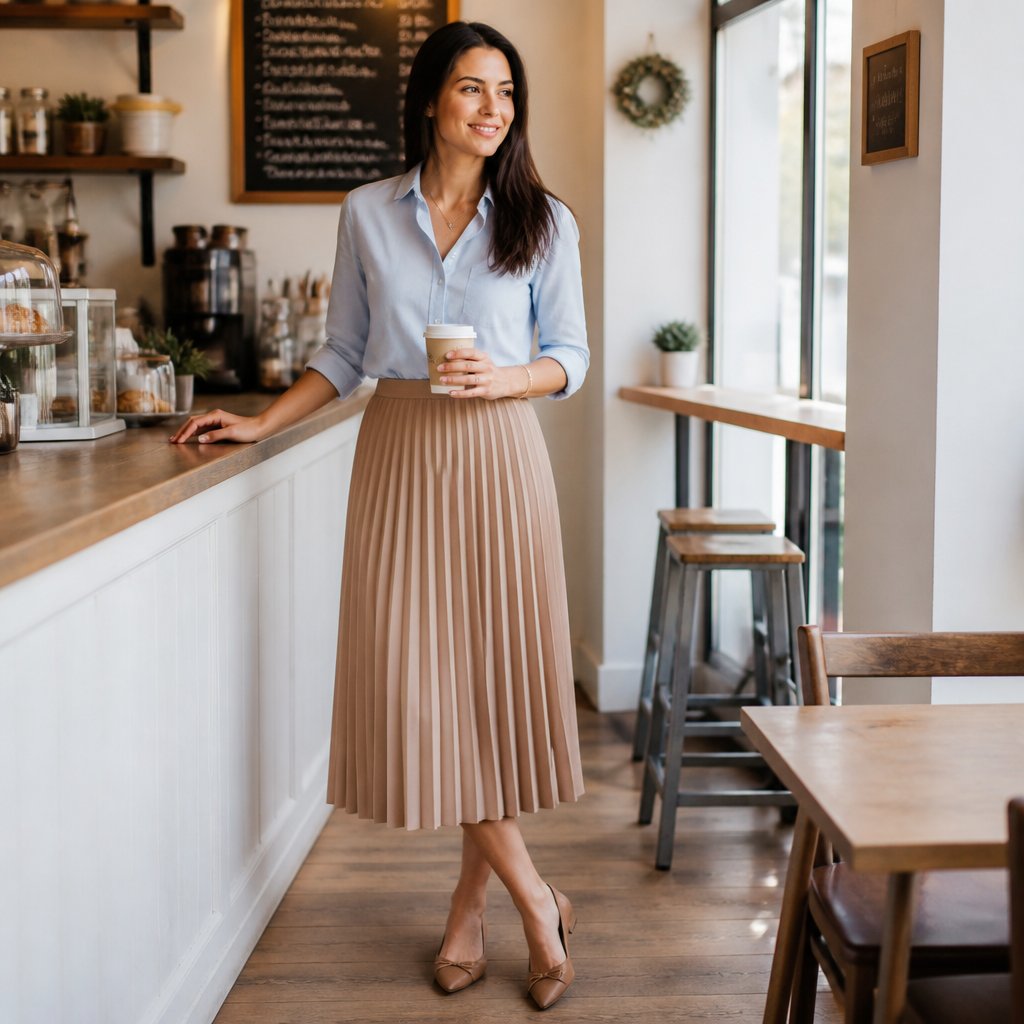 Modest everyday outfit: camel long vest over a soft burgundy roll-neck sweater and wide-leg charcoal trousers