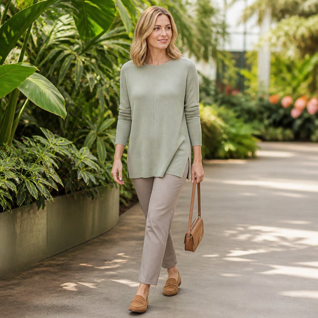 Modest everyday outfit: terracotta long-sleeve maxi dress with a light-wash denim jacket and flat tan sandals