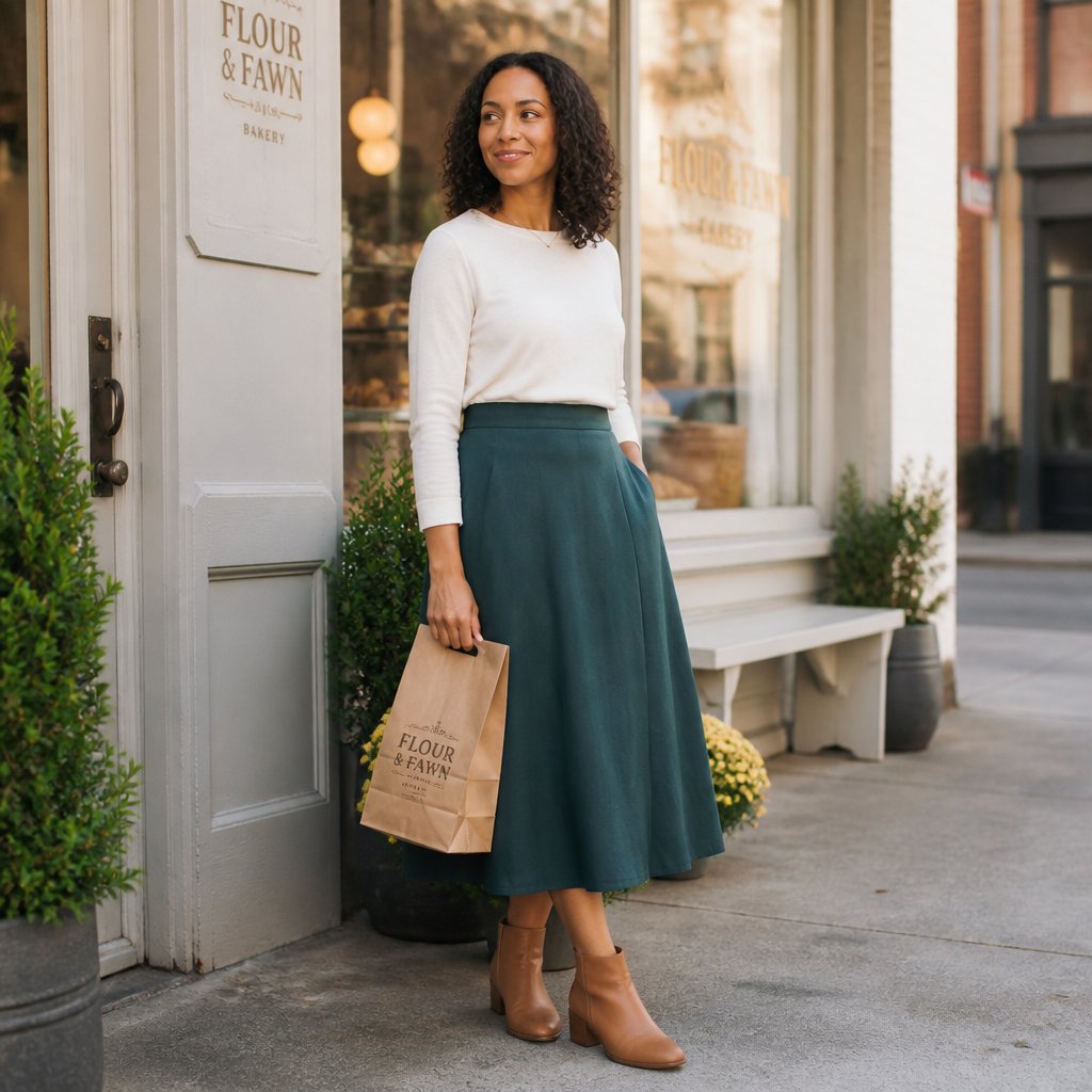 Modest everyday outfit: cream tunic sweater with navy pull-on trousers and white slip-on sneakers