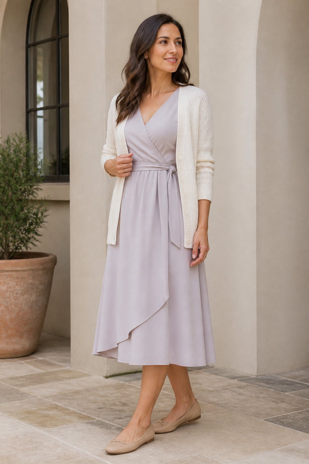 Modest Feminine Outfits That Feel Soft, Polished, and Easy to Recreate outfit idea 1: Midi Wrap Dress With a Lightweight Cardigan and Ballet Flats