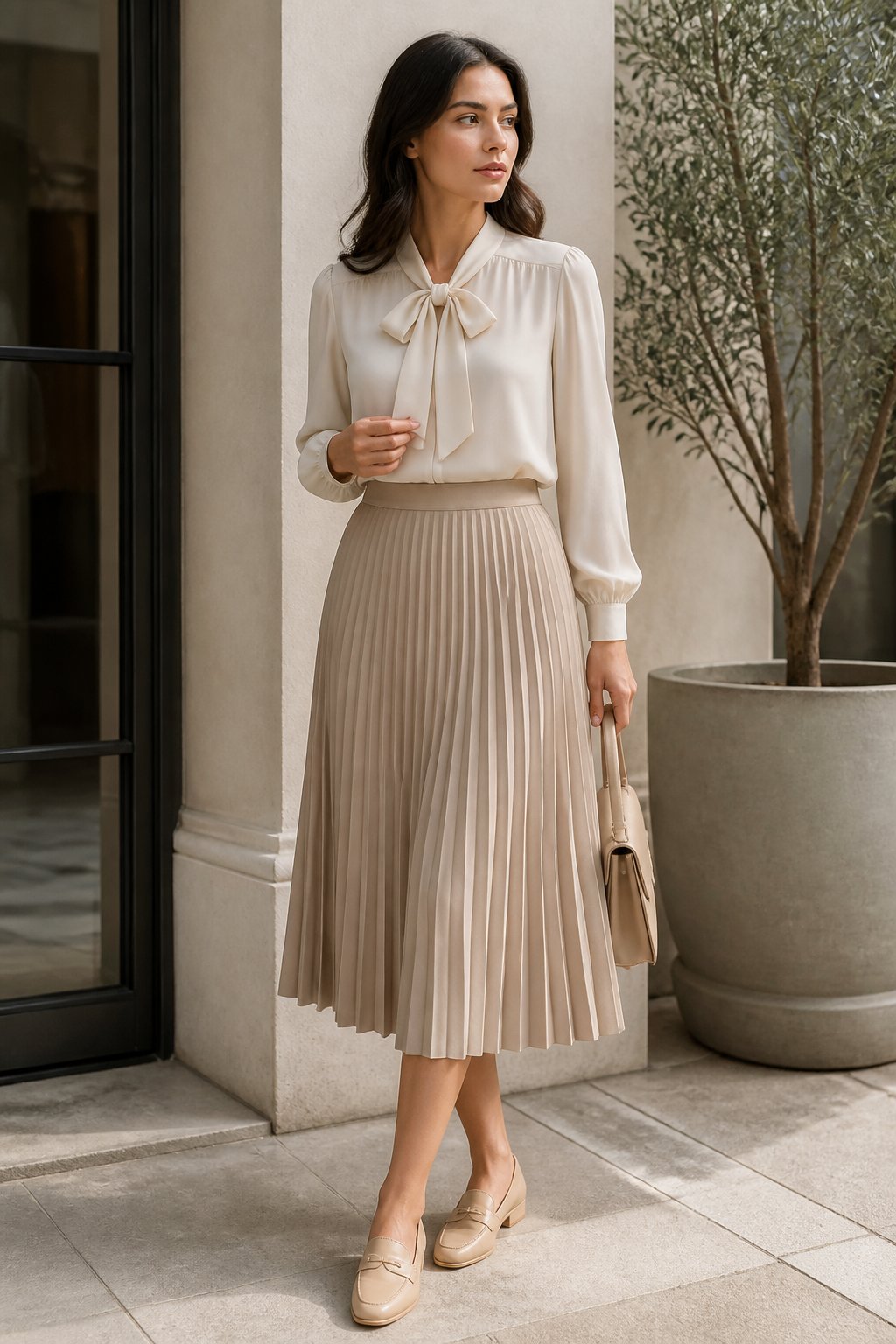 Modest Feminine Outfits That Feel Soft, Polished, and Easy to Recreate outfit idea 2: Pleated Skirt With a Bow Blouse and Loafers