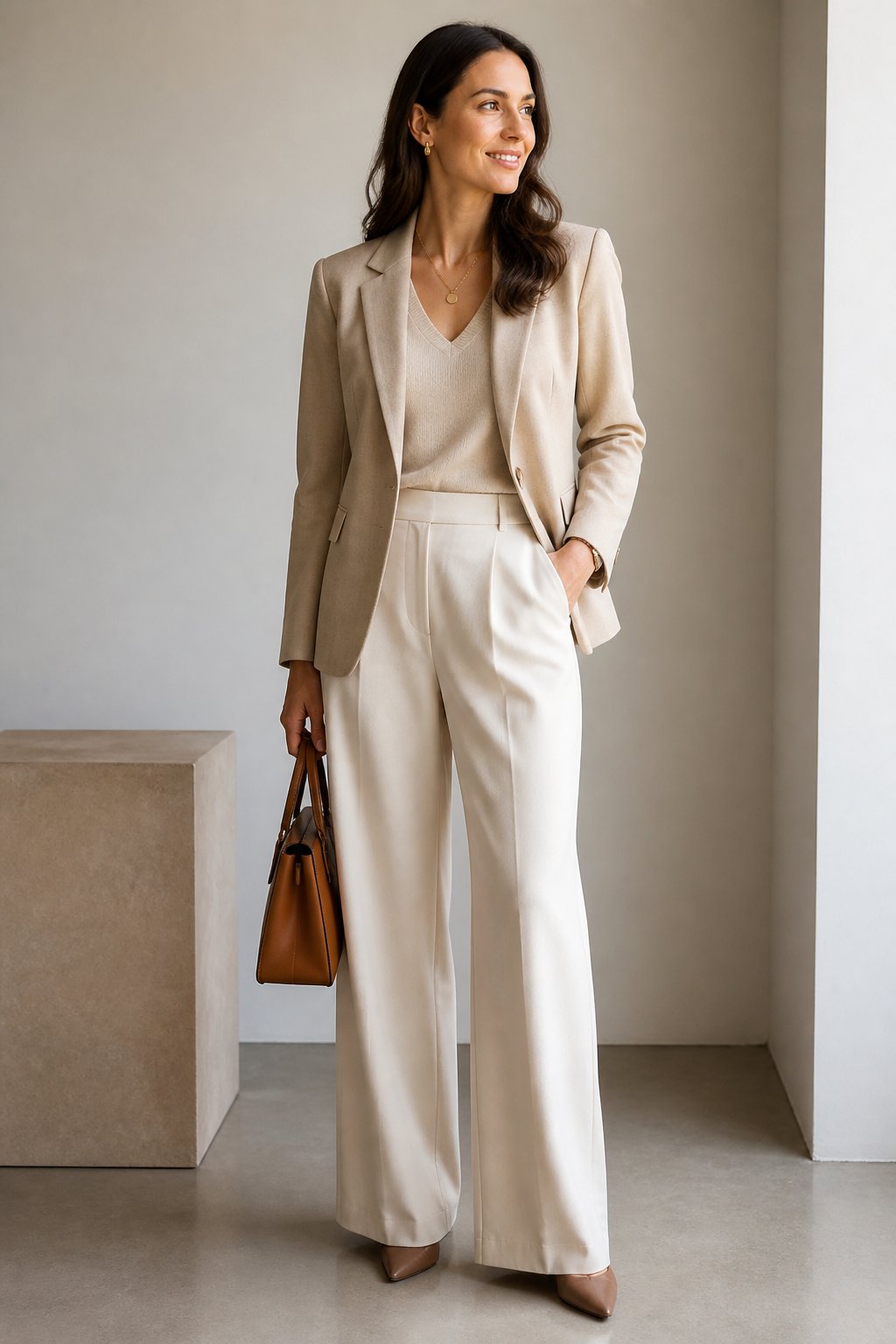 Modest Feminine Outfits That Feel Soft, Polished, and Easy to Recreate outfit idea 4: Wide-Leg Trousers With a Soft Knit Top and a Blazer