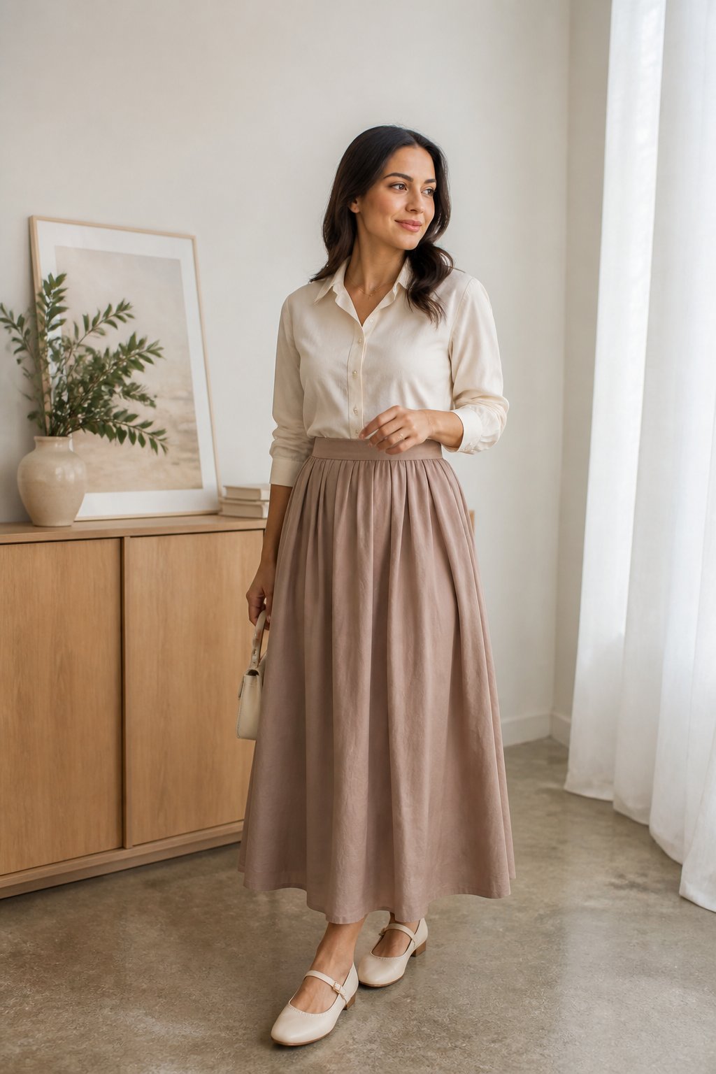 Modest Feminine Outfits That Feel Soft, Polished, and Easy to Recreate outfit idea 5: Maxi Skirt With a Button-Up and Mary Jane Flats