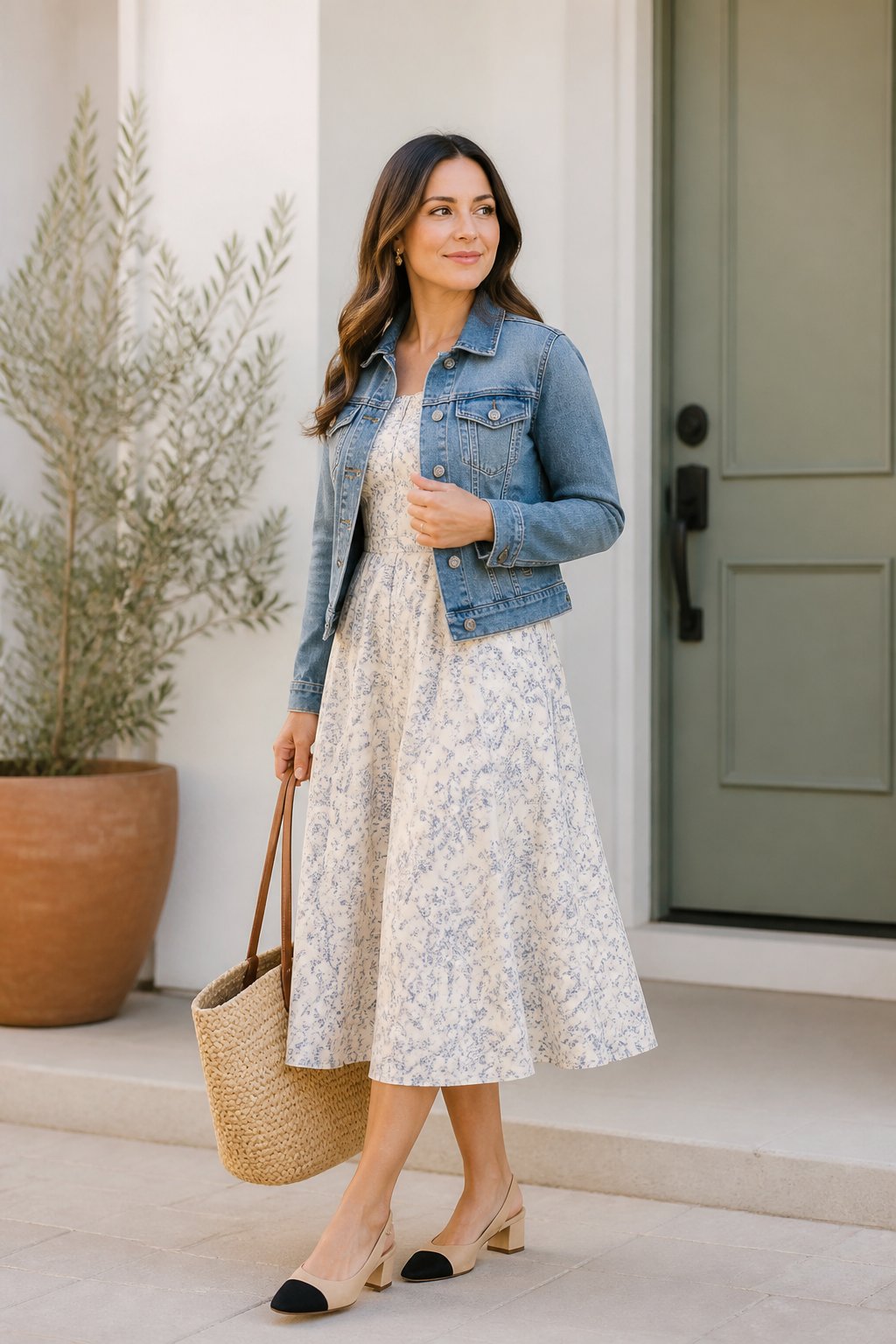 Modest Feminine Outfits That Feel Soft, Polished, and Easy to Recreate outfit idea 6: A-Line Midi Dress With a Denim Jacket and Slingbacks