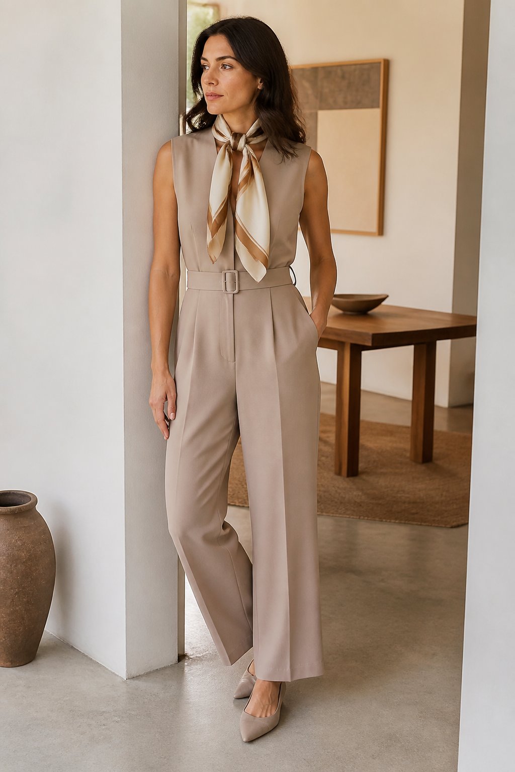 Modest Feminine Outfits That Feel Soft, Polished, and Easy to Recreate outfit idea 8: Tailored Jumpsuit With a Silk Scarf and Pointed Flats