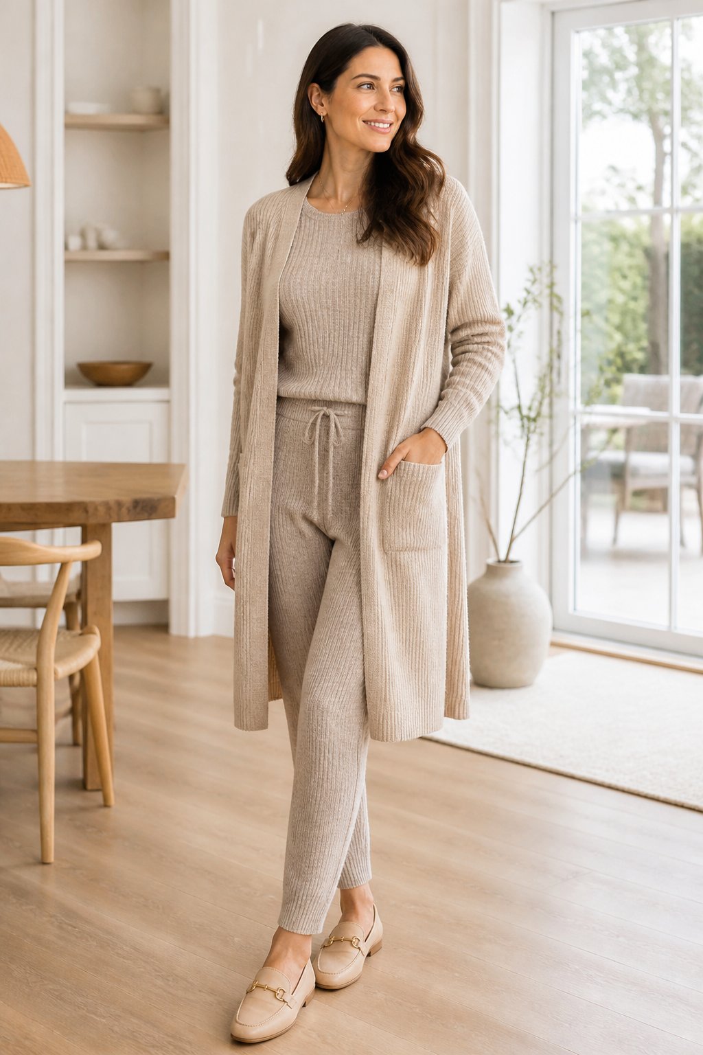 Modest Feminine Outfits That Feel Soft, Polished, and Easy to Recreate outfit idea 9: Knit Set With a Longline Cardigan and Loafers