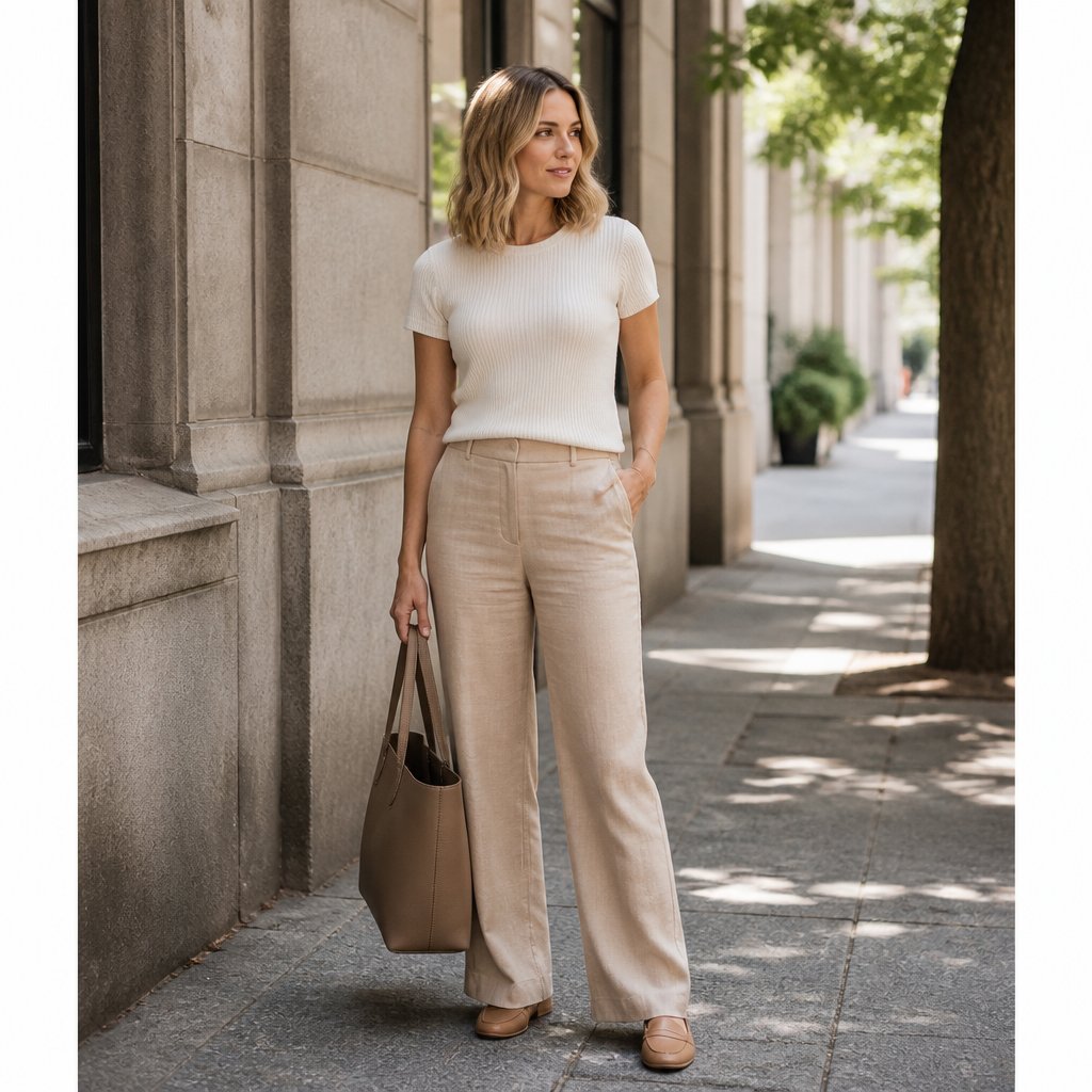 Modest hot weather outfit: short-sleeve knit top with full-length linen trousers and tan loafers on a shaded city sidewalk