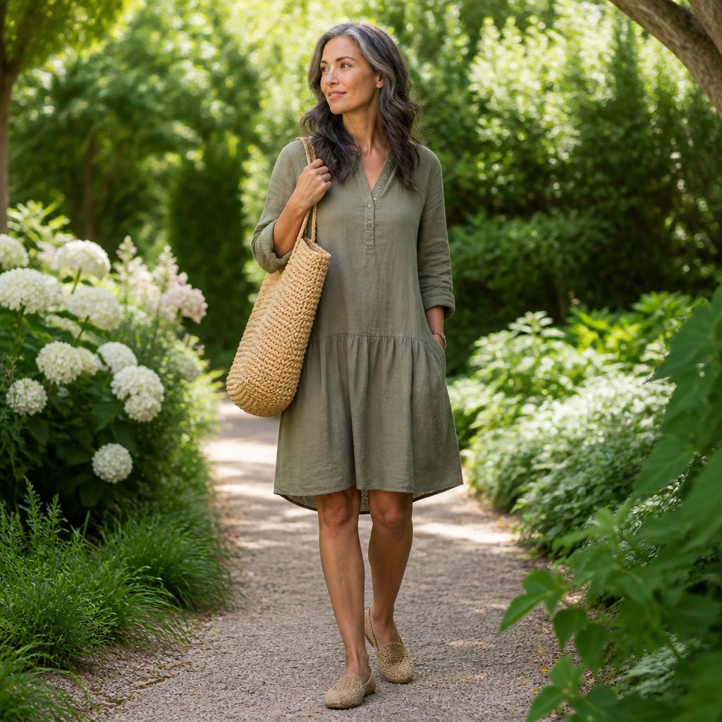 Modest hot weather outfit: long-sleeve tunic dress with woven flats and a straw tote in a garden path setting