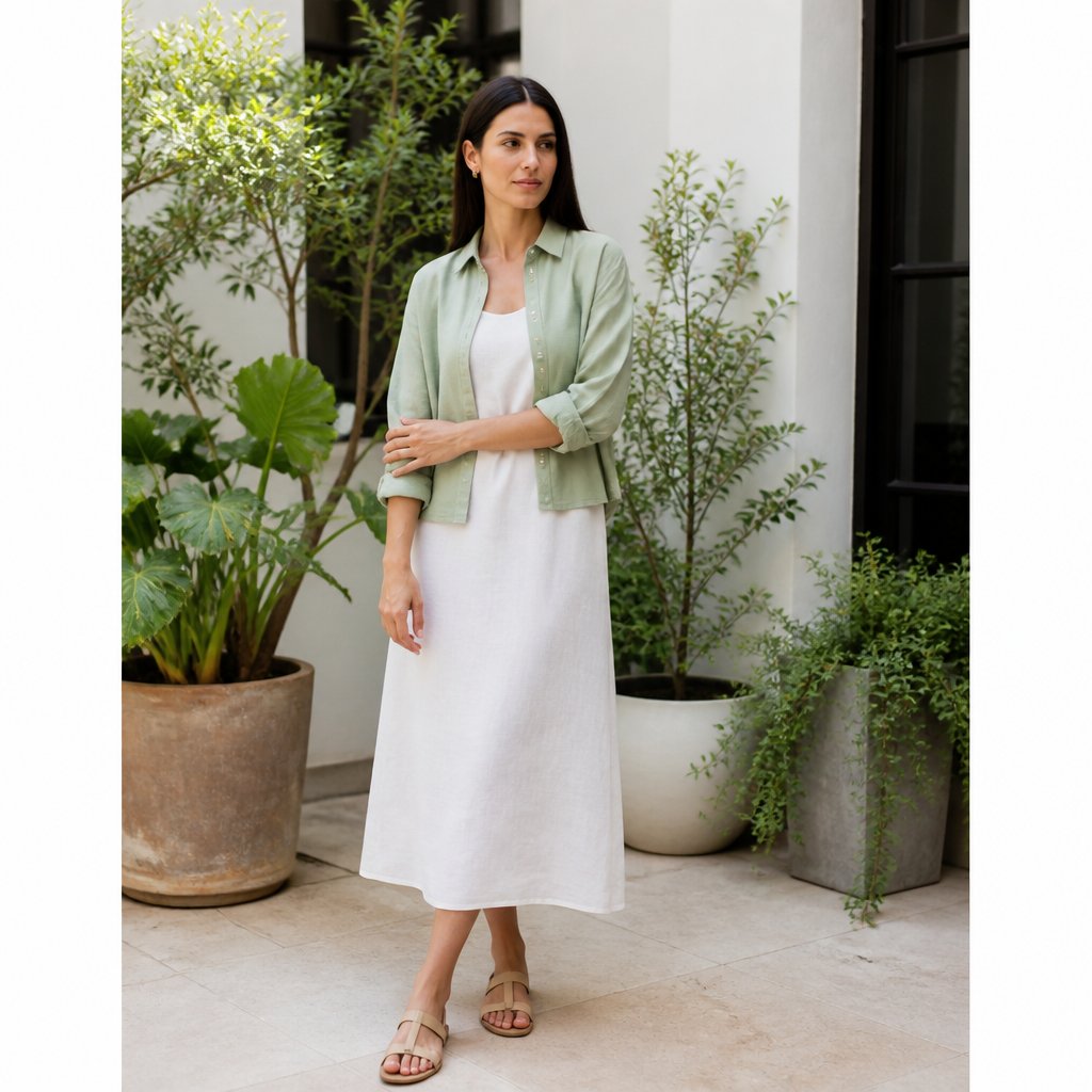 Modest hot weather outfit: sleeveless midi dress with a cropped linen shirt and flat sandals in a bright apartment courtyard