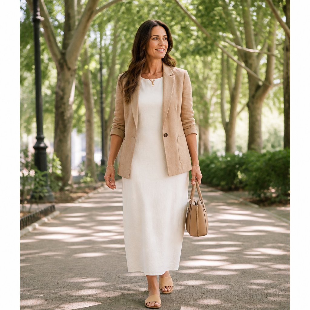 Modest hot weather outfit: lightweight blazer with a column dress and flat sandals on a tree-lined path