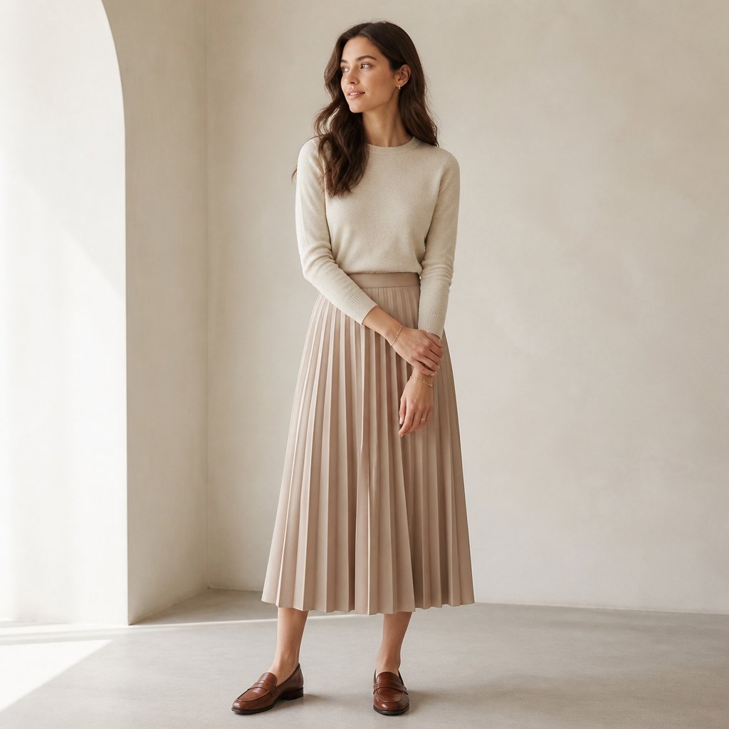 woman wearing outfit 1 for modest midi skirt outfits