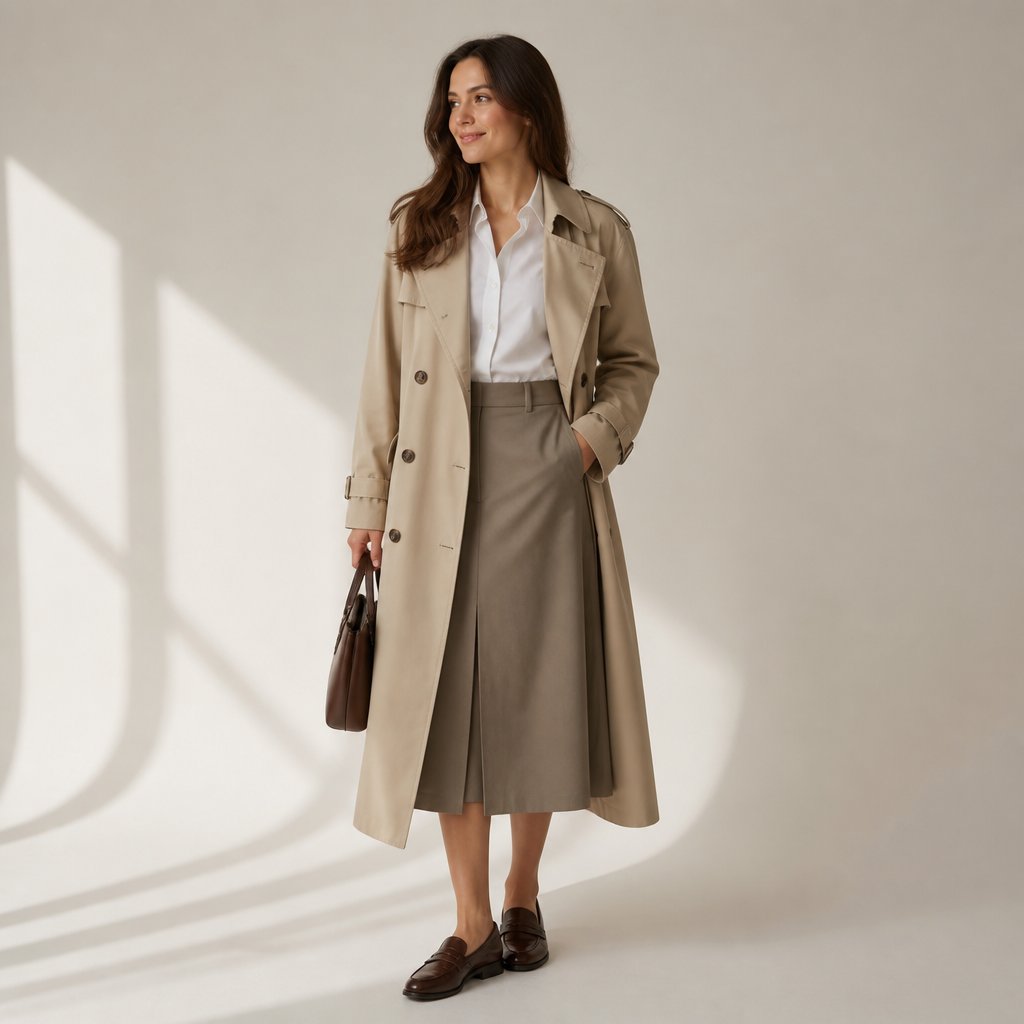 woman wearing the structured midi + trench: structured midi, long trench, leather loafers