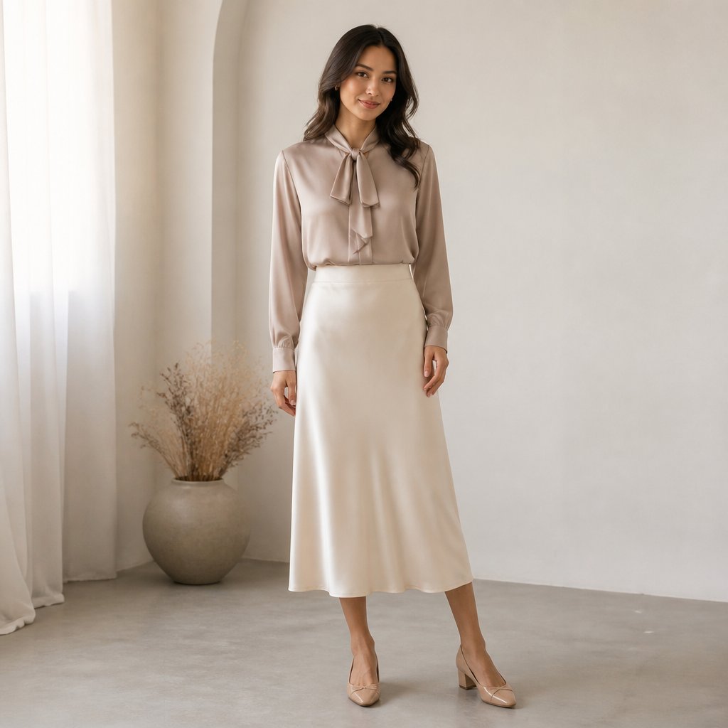 woman wearing the satin midi + blouse: satin midi, tie-neck blouse, low block heels