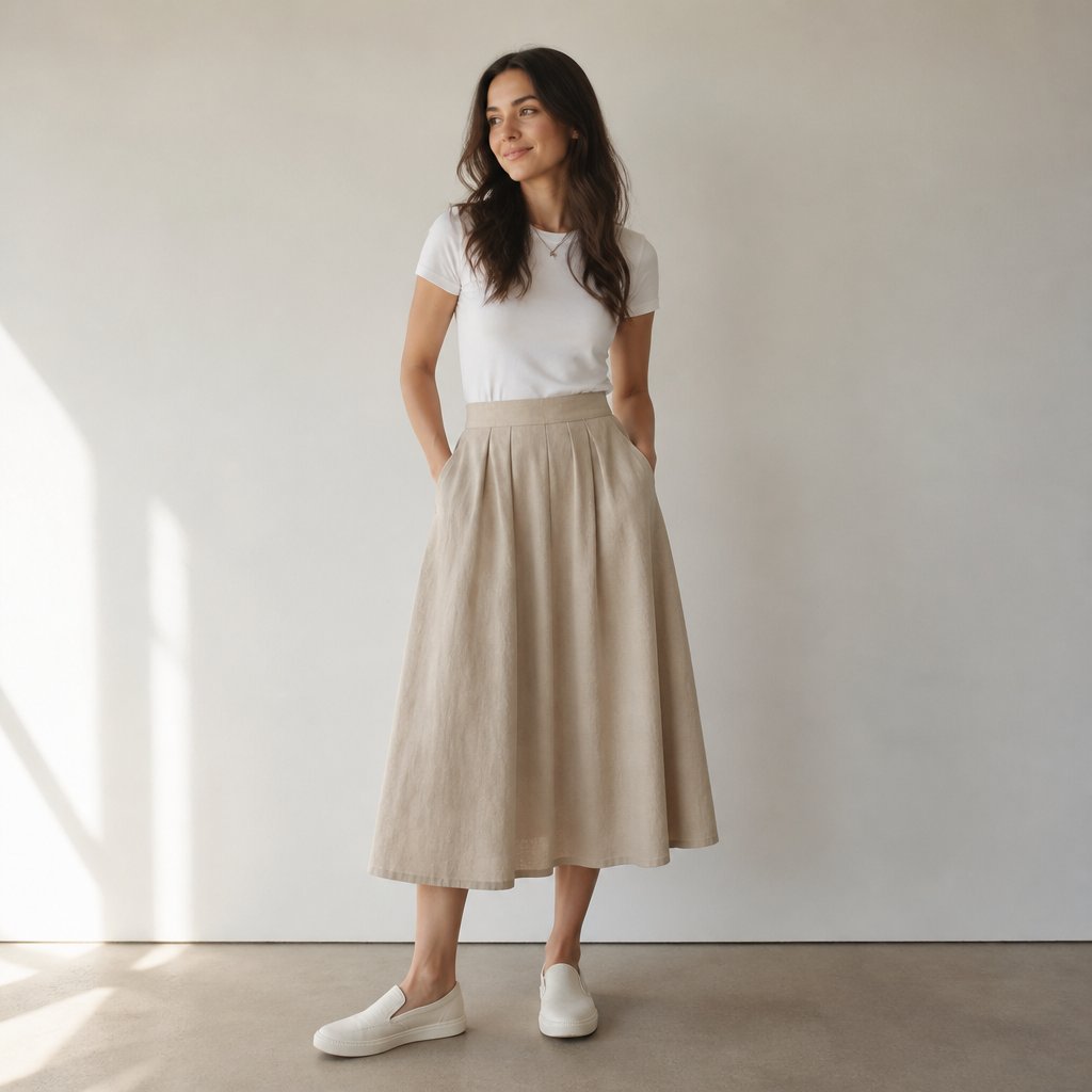 woman wearing the a-line midi + tee: a-line midi, tucked tee, canvas slip-on sneakers
