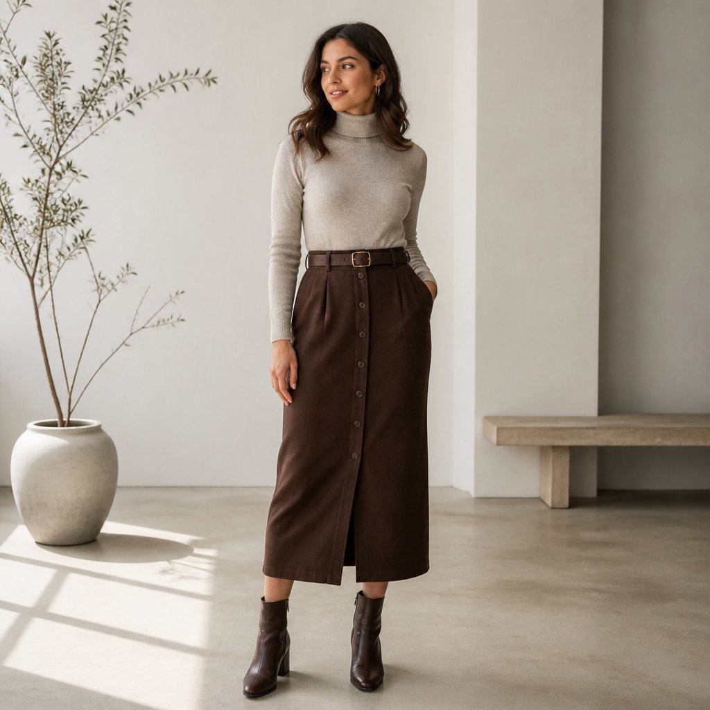 woman wearing the button-front midi + turtleneck: button-front midi, fine turtleneck, ankle boots