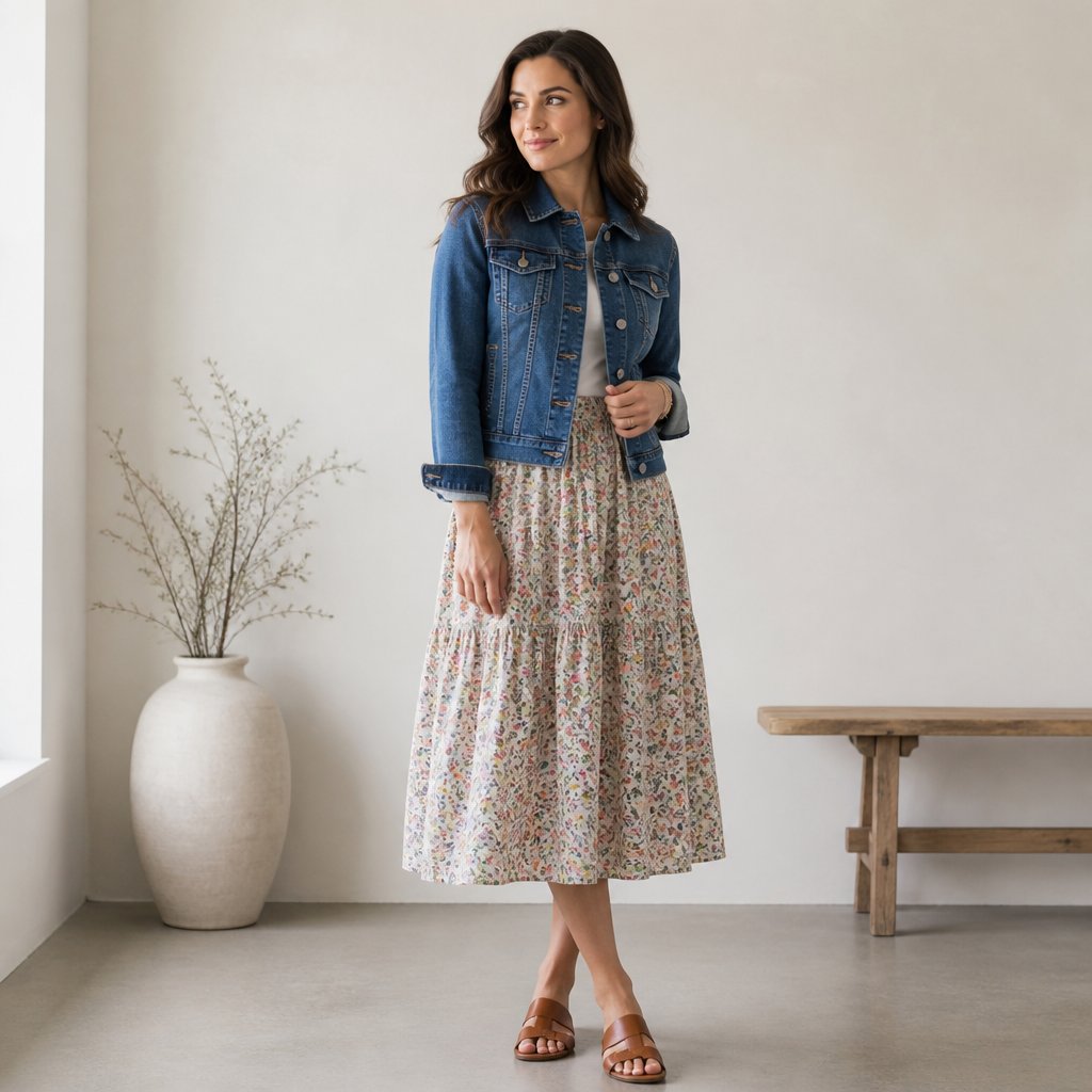 woman wearing the floral midi + denim: floral midi, fitted denim jacket, leather sandals