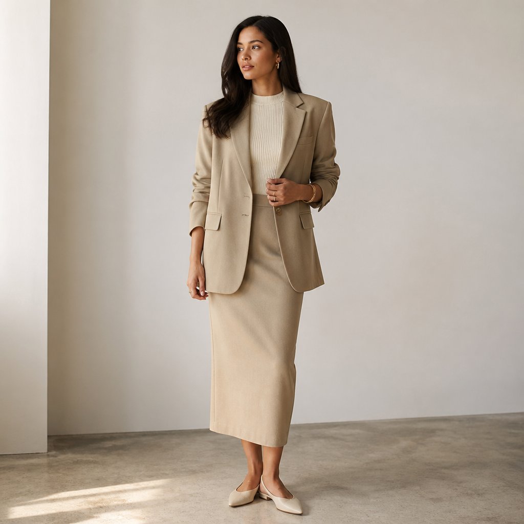 woman wearing the column midi + blazer: column midi, oversized blazer, pointed flats
