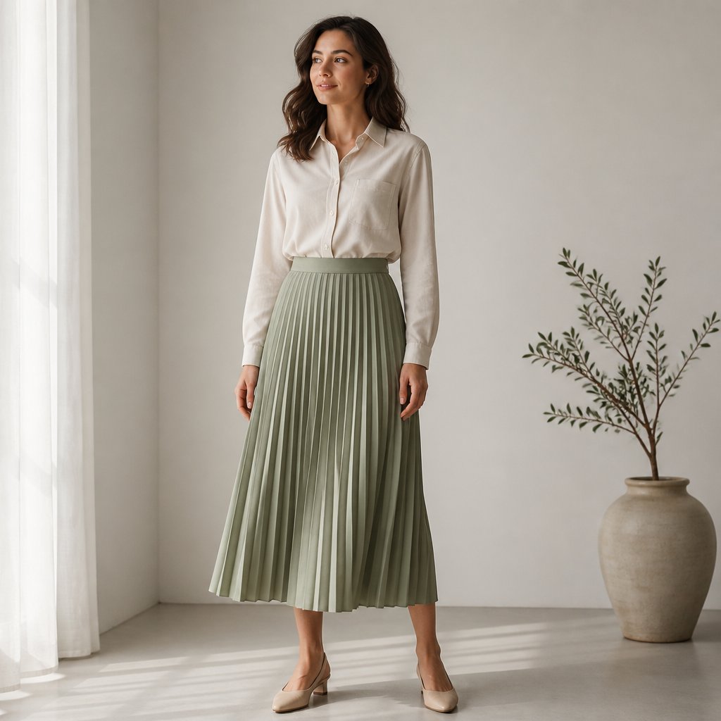 woman wearing the pleated midi + button-down: pleated midi, button-down shirt (tucked), low heels