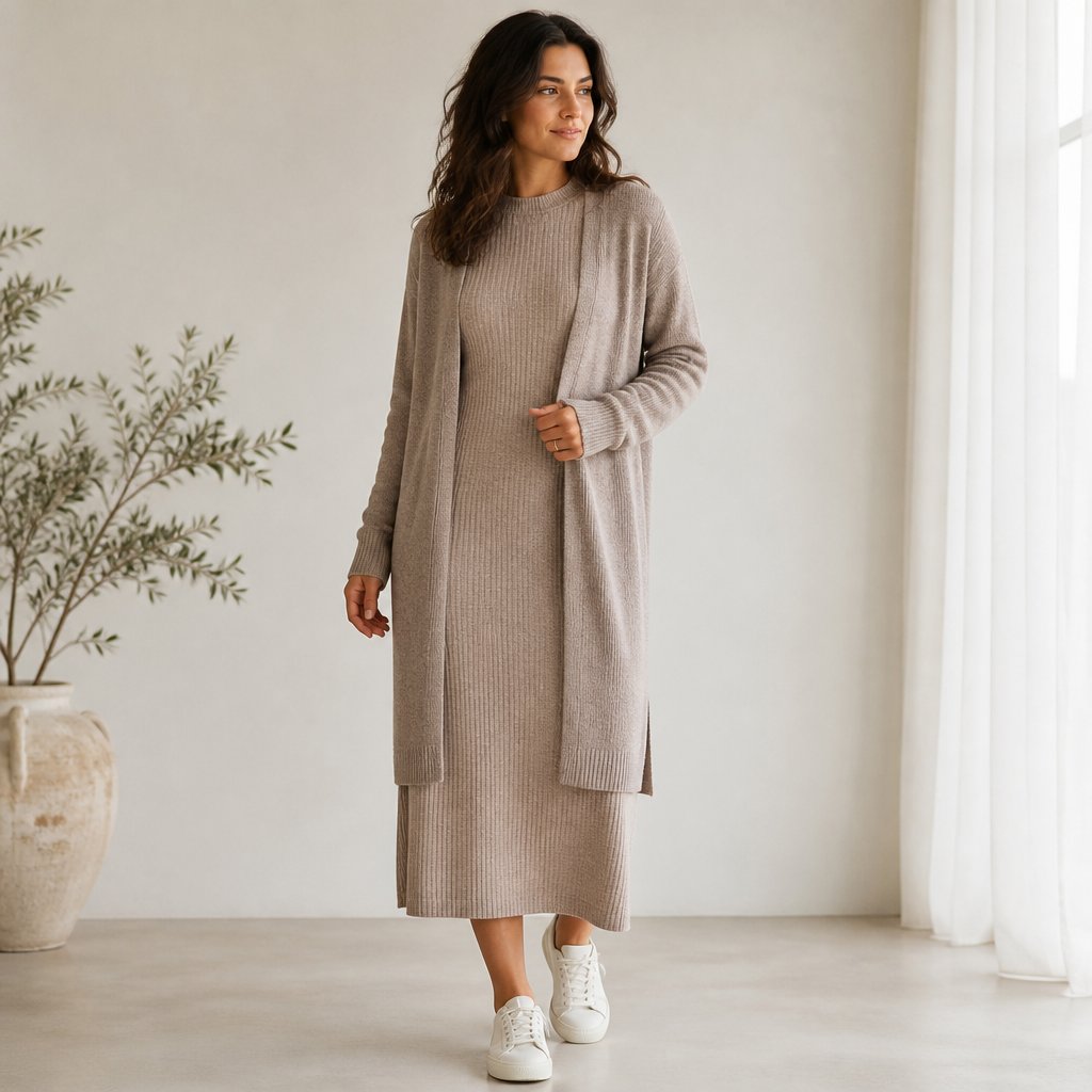 woman wearing the knit midi + cardigan: knit midi, long-line cardigan, court sneakers