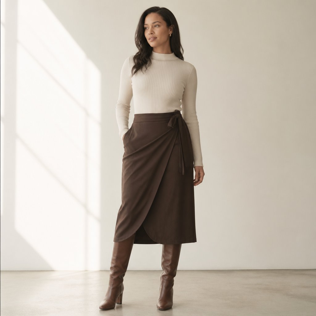 woman wearing the wrap midi + mock-neck: wrap midi, fitted mock-neck, knee-high boots