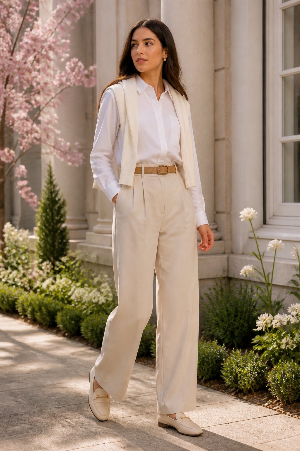 Modest Spring Outfits That Feel Light, Layerable, and Easy to Wear outfit idea 2: Wide-Leg Trousers With a Poplin Shirt and Loafers