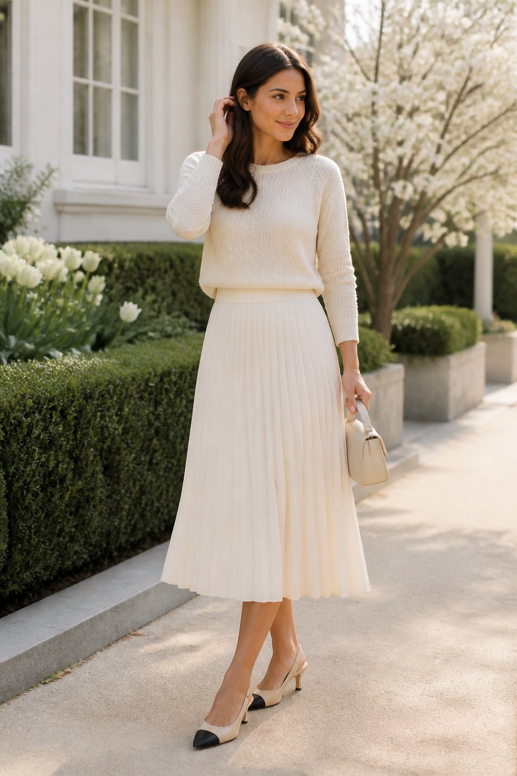 Modest Spring Outfits That Feel Light, Layerable, and Easy to Wear outfit idea 3: Pleated Midi Skirt With a Light Sweater and Slingbacks