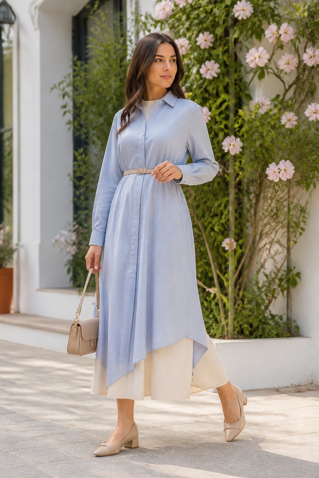Modest Spring Outfits That Feel Light, Layerable, and Easy to Wear outfit idea 4: Shirt Dress With a Slim Belt and Low Block Heels