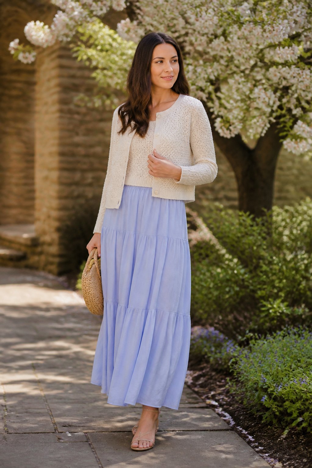 Modest Spring Outfits That Feel Light, Layerable, and Easy to Wear outfit idea 5: Maxi Skirt With a Knit Top and a Cropped Cardigan
