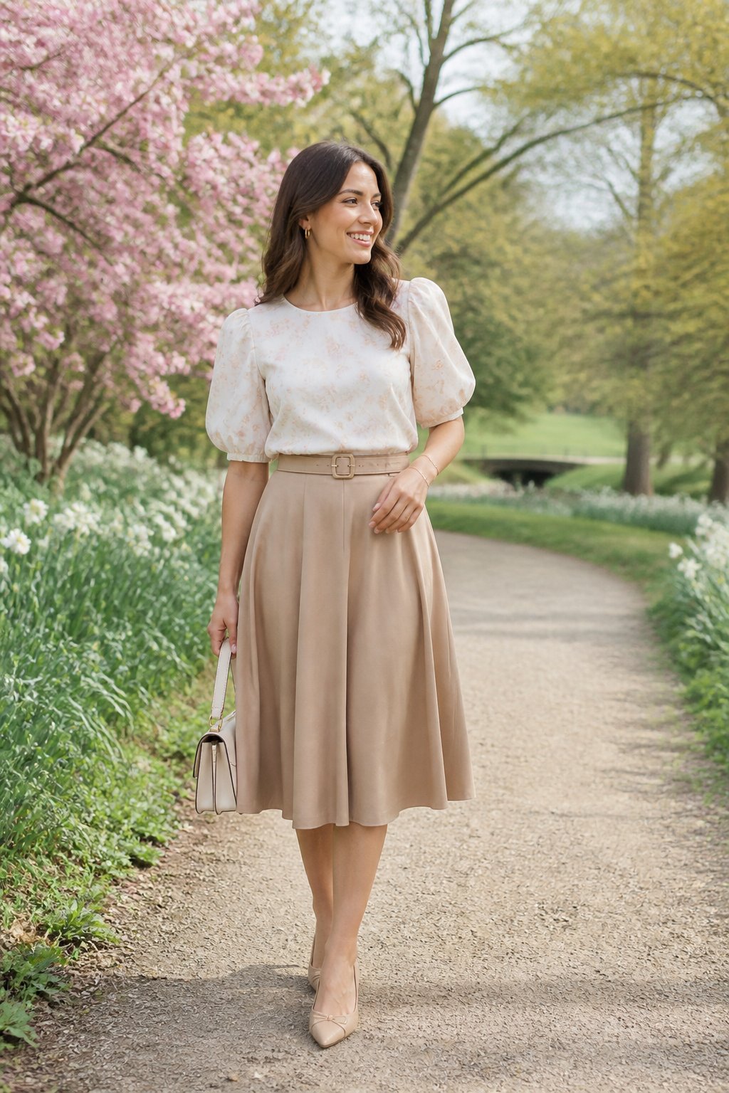Modest Spring Outfits That Feel Light, Layerable, and Easy to Wear outfit idea 7: Midi Skirt With a Puff-Sleeve Blouse and Pointed Flats