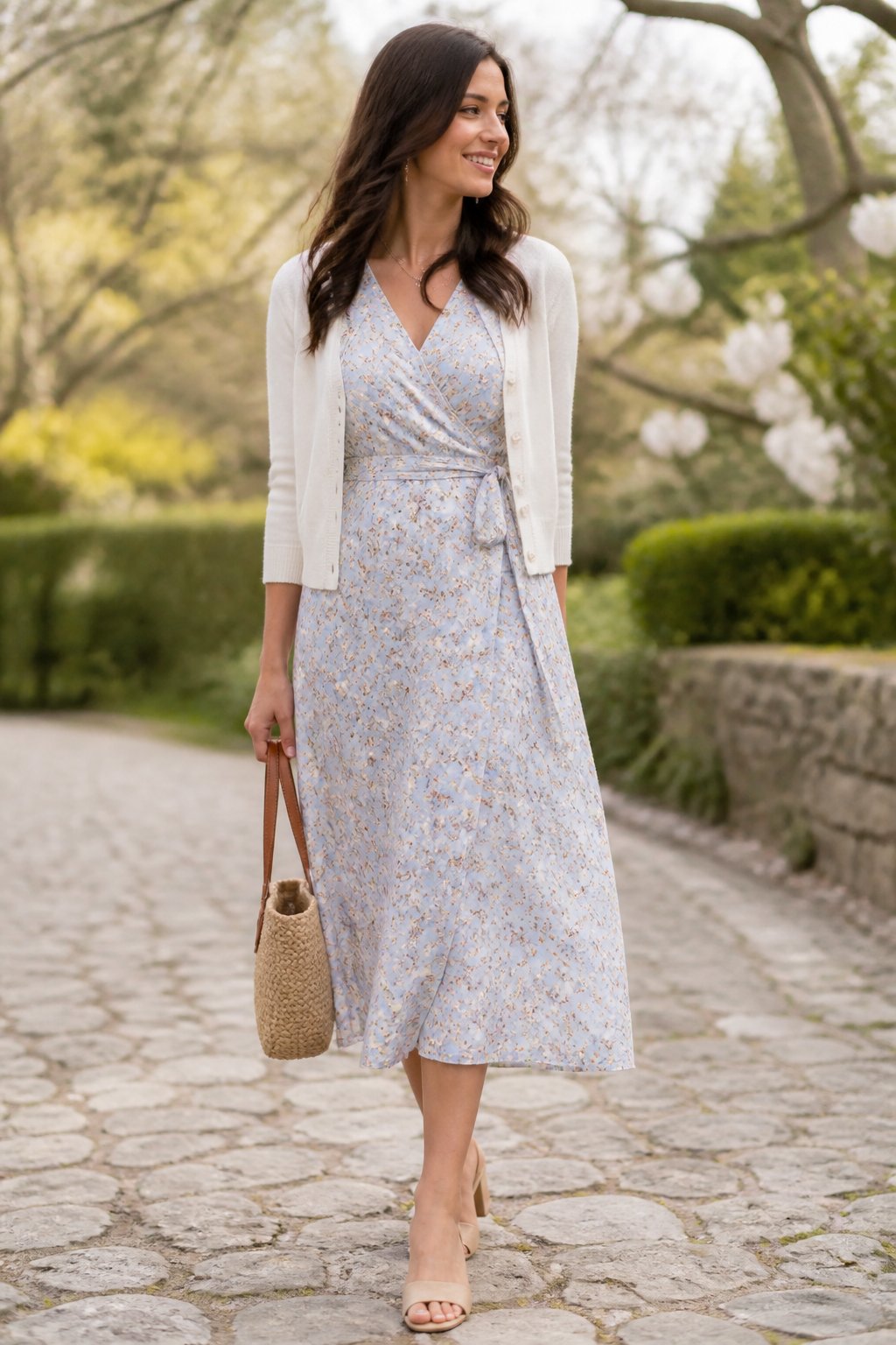 Modest Spring Outfits That Feel Light, Layerable, and Easy to Wear outfit idea 9: Wrap Dress With a Short Cardigan and Mules