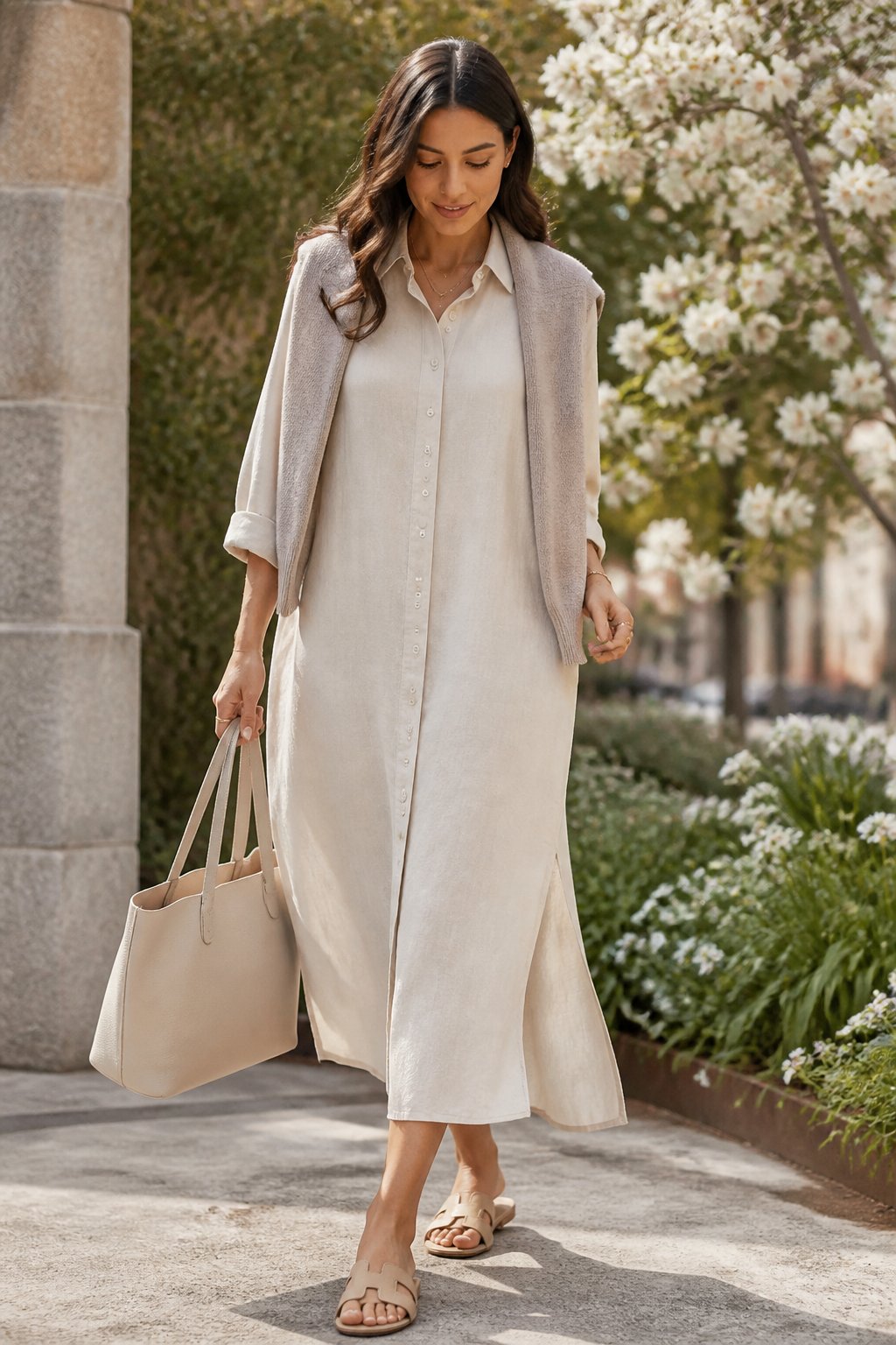 Modest Spring Outfits That Feel Light, Layerable, and Easy to Wear outfit idea 10: Button-Up Dress With a Soft Tote and Flat Slides