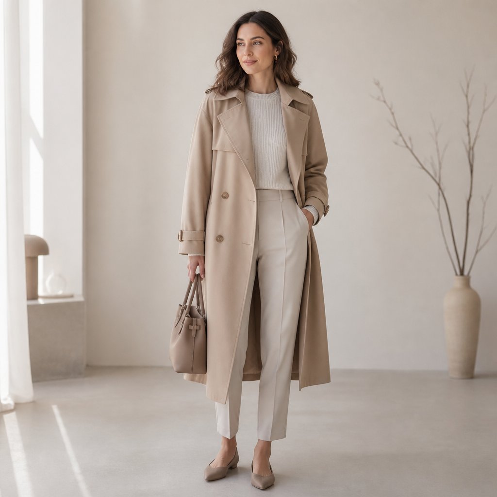 woman wearing the trench + trousers: long trench, fine-gauge knit, ankle trousers, flats