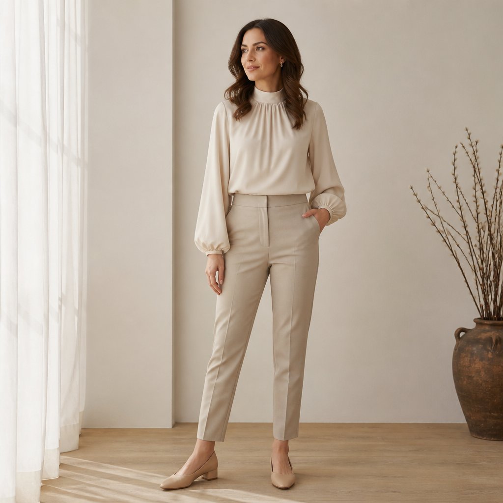 woman wearing the balloon-sleeve top: balloon-sleeve blouse, slim trousers, low block heels