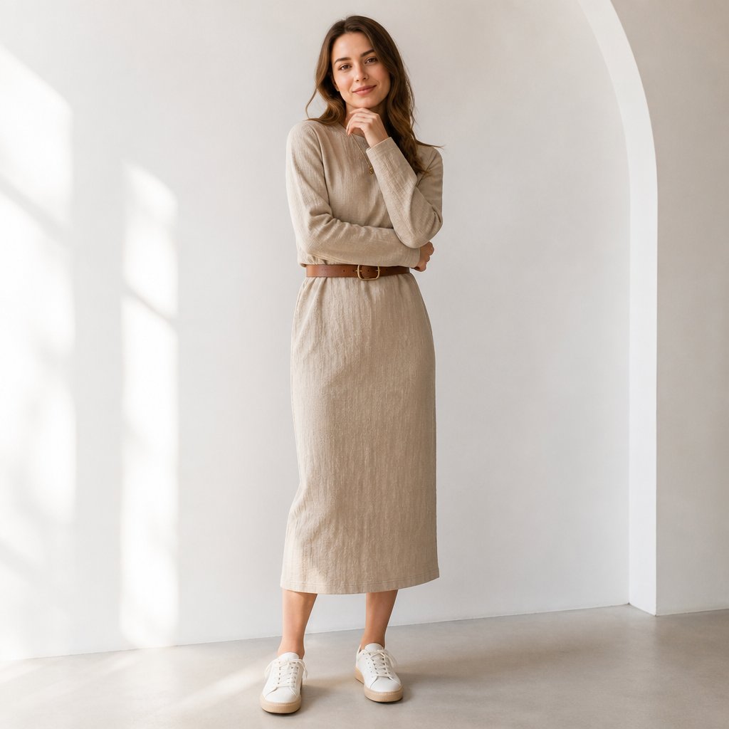 woman wearing the column midi: column midi dress, leather belt, court sneakers