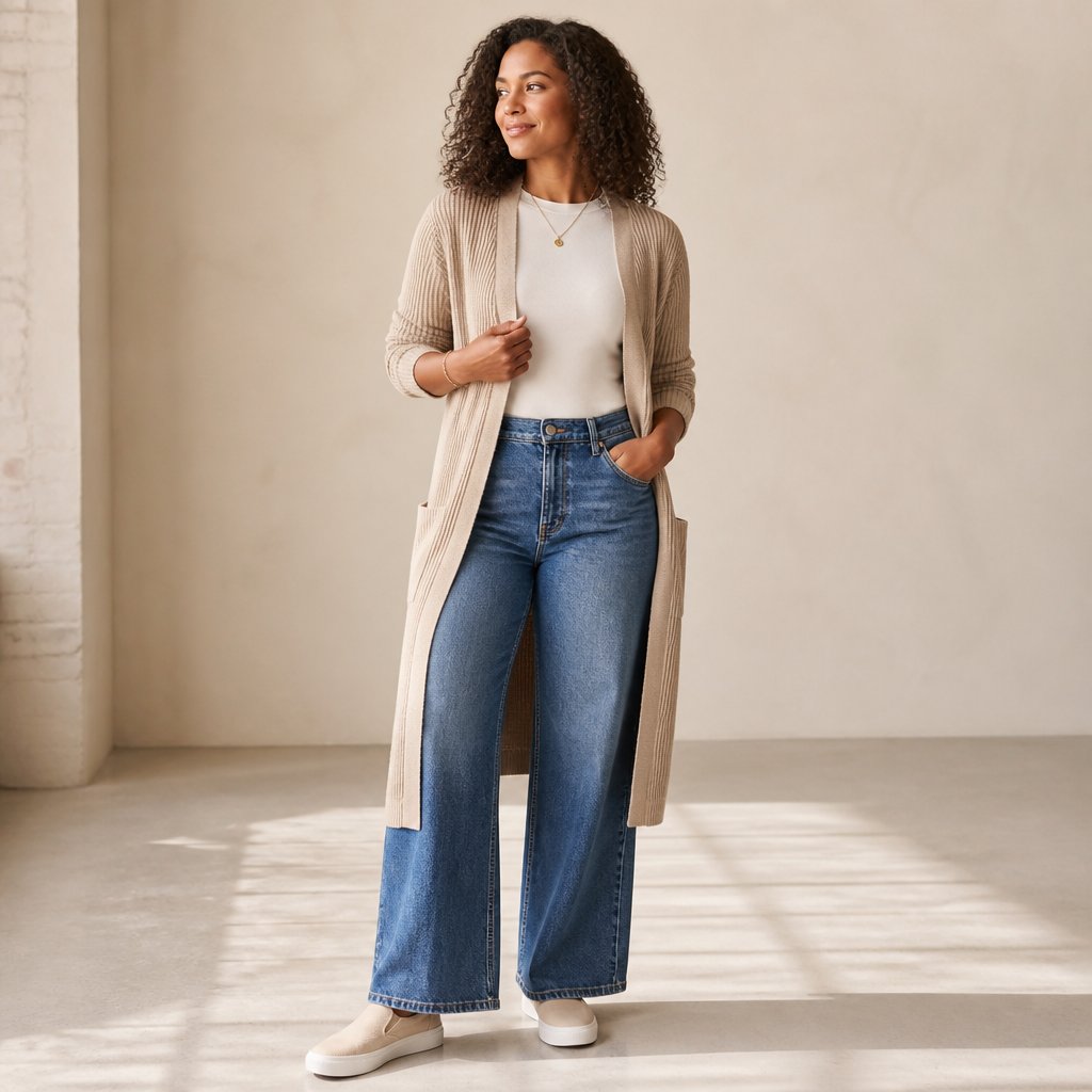 woman wearing the long-line cardigan: long cardi, tee, wide-leg jeans, slip-on sneakers