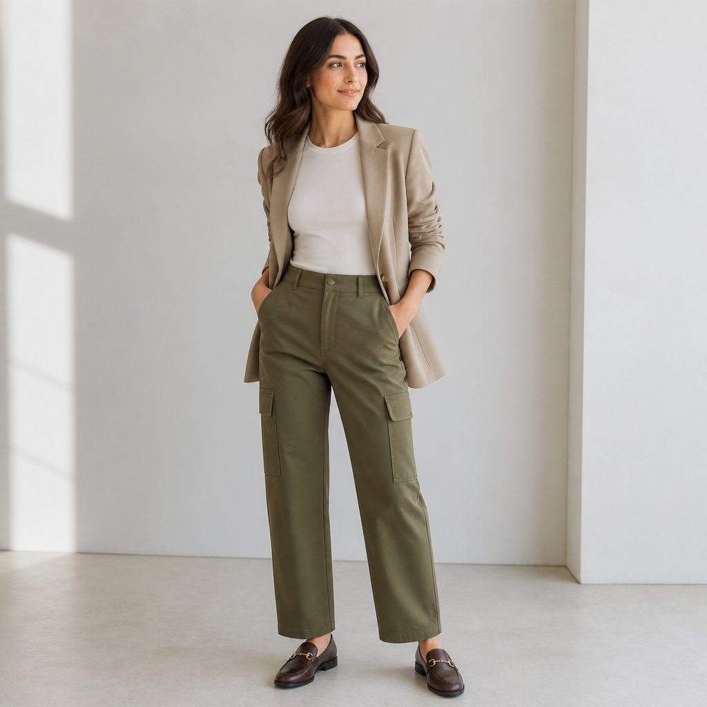 woman wearing the cargo trouser: high-rise cargo, fitted tee, structured blazer, loafers
