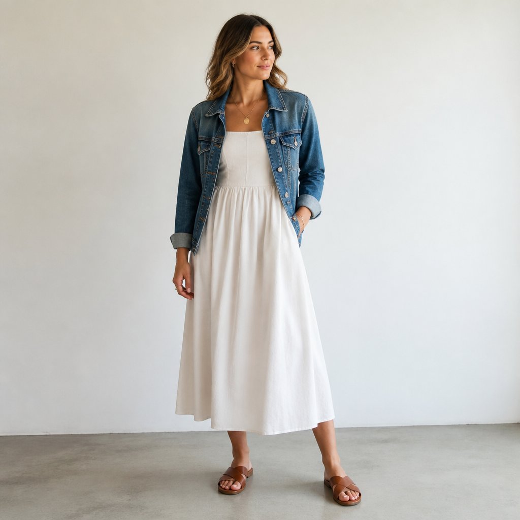 woman wearing the square-neck midi: square-neck midi dress, denim jacket, leather sandals