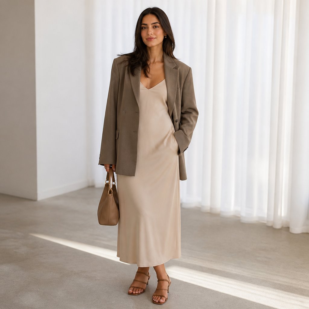 woman wearing the relaxed blazer + slip: slip midi, oversized blazer, strappy low heels