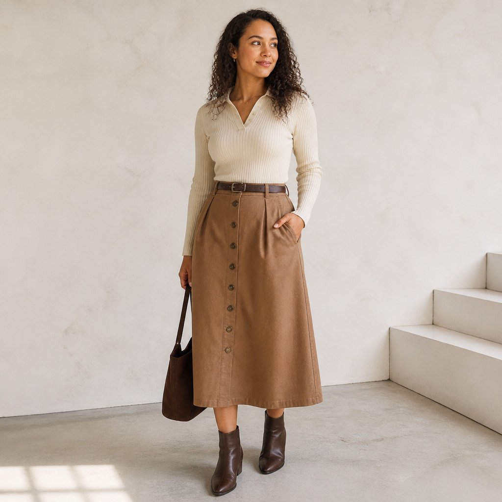woman wearing the button-front skirt: button-front midi, ribbed knit top, ankle boots