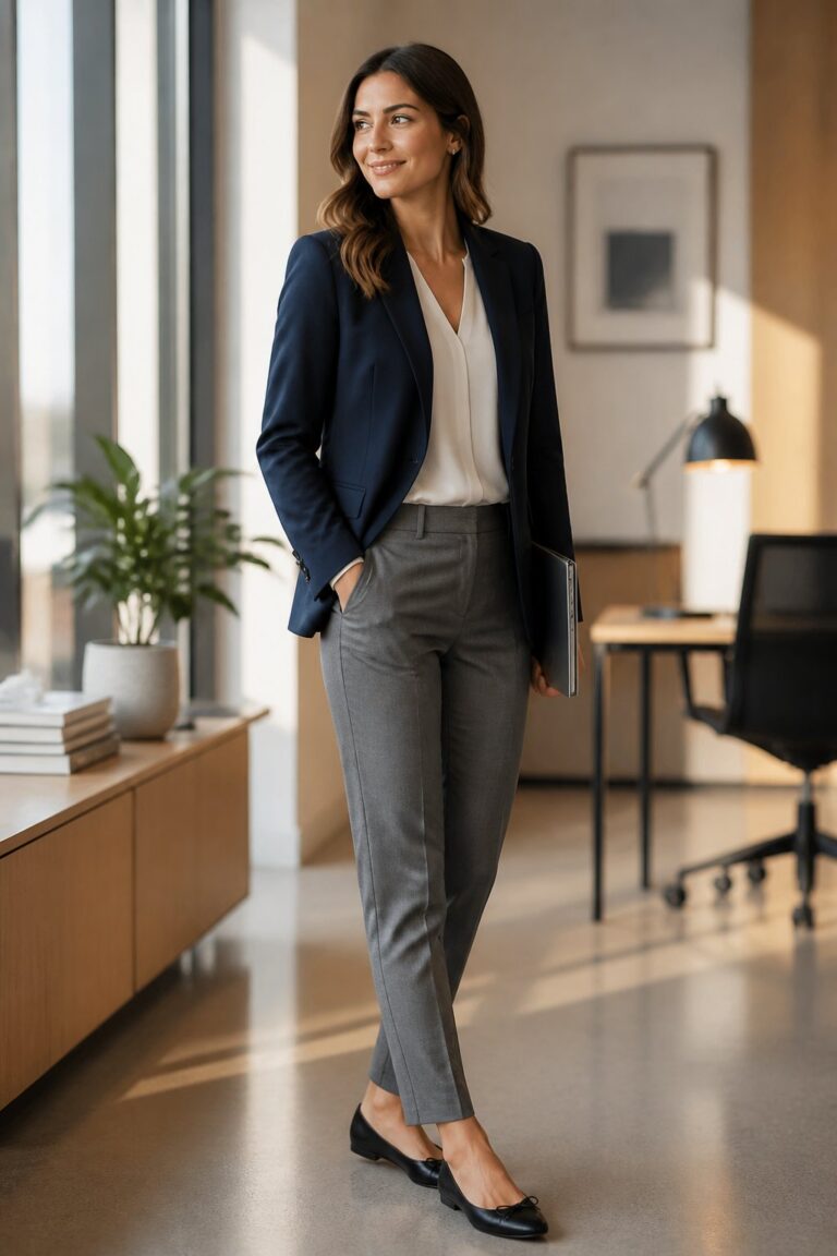 Woman wearing relaxed blazer with straight-leg trousers and ballet flats for an office capsule wardrobe