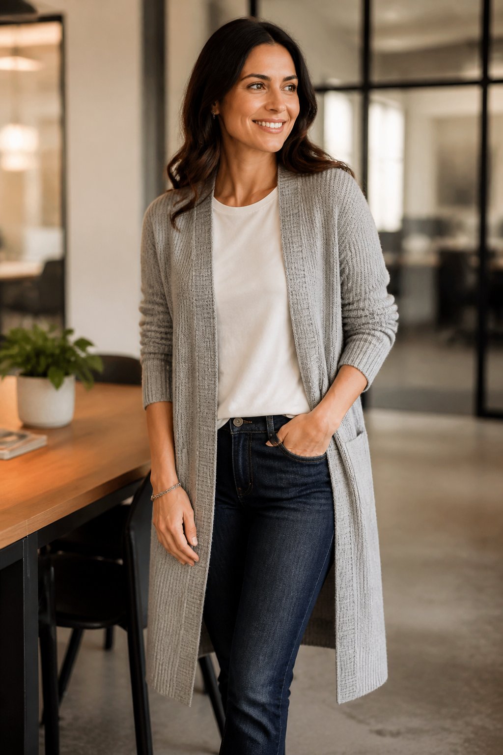 Woman wearing grey cardigan with white tee and dark jeans