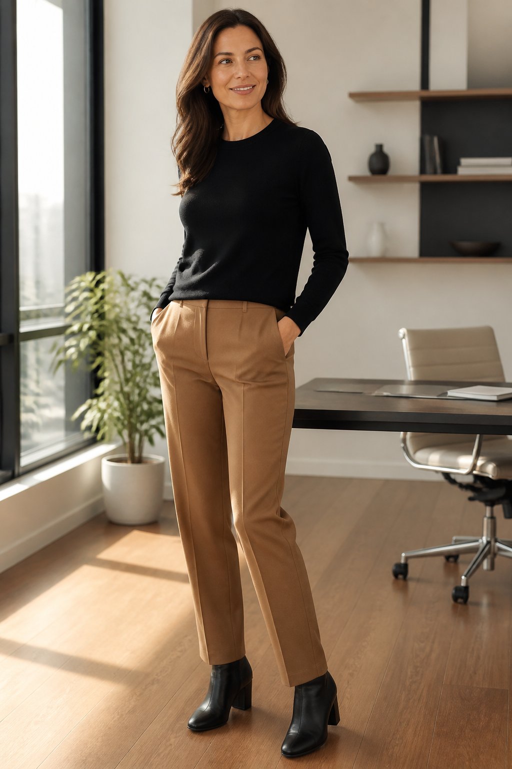 Woman wearing camel trousers with black knit and ankle boots