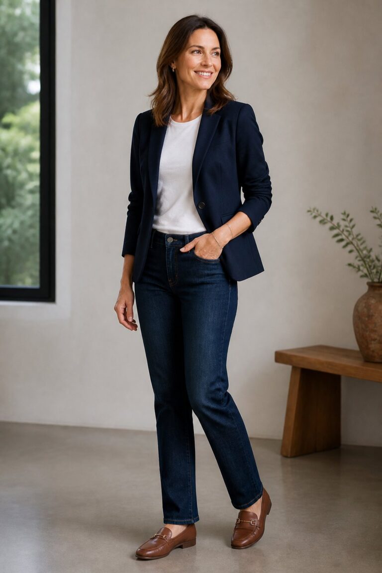 Woman wearing dark jeans with a blazer and loafers for a smart casual capsule wardrobe