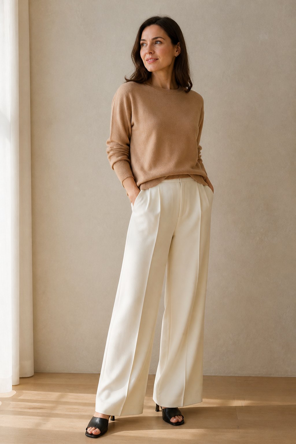 Woman wearing wide-leg trousers with sweater and mules