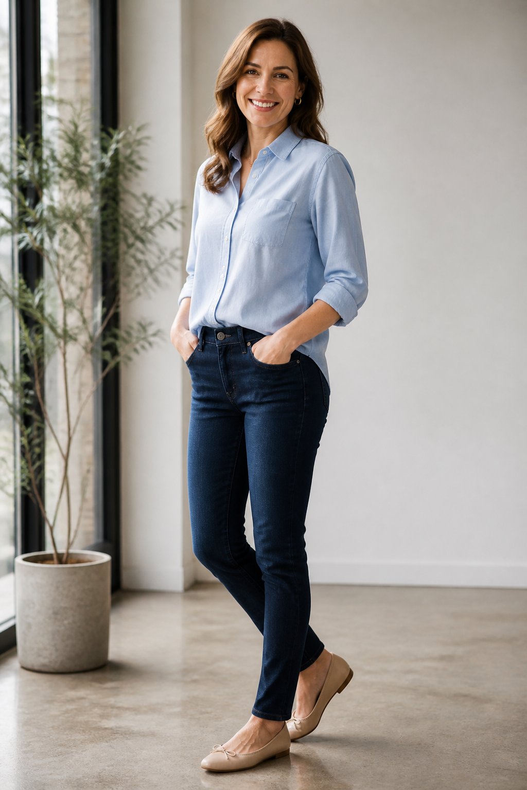 Woman wearing button-up shirt with dark jeans and ballet flats